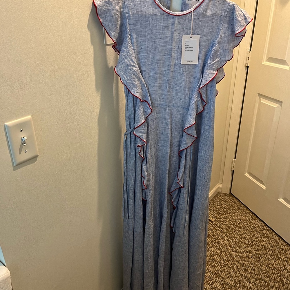 Cornflower Blue Wiggy Kit Ruffle Maxi Dress with Red Trim   Side ties